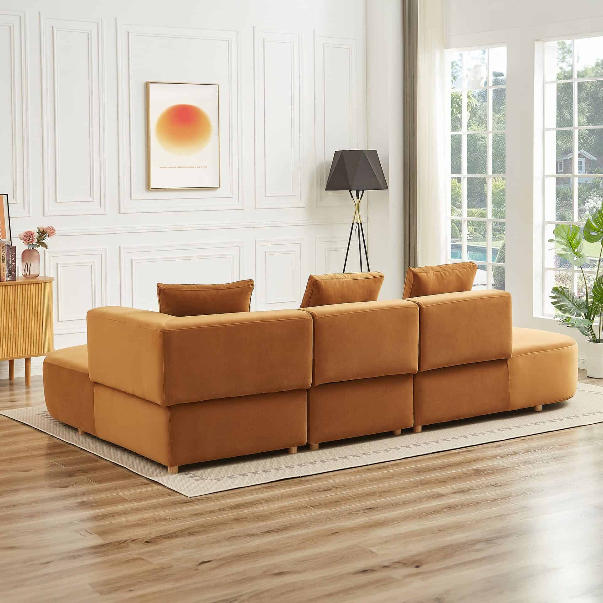 Cognac Velvet Sectional Sofa with Tapered Legs and Mid-Century Style 5 Cognac Velvet Sectional Sofa with Tapered Legs and Mid-Century Style - Image 5