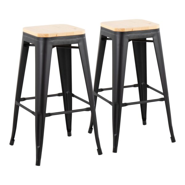 Oregon Black Steel Natural Wood Contemporary Bar Stools Set of 2 1