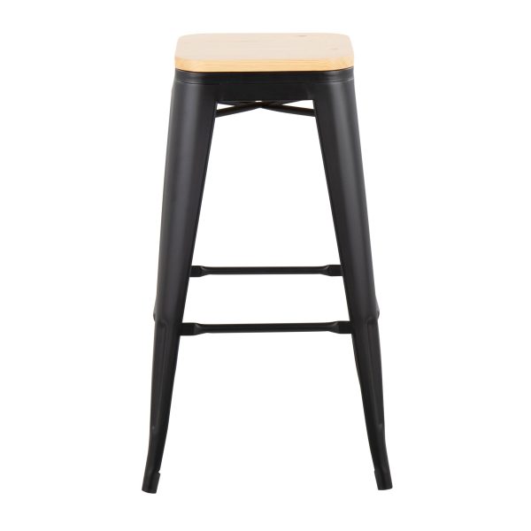 Oregon Black Steel Natural Wood Contemporary Bar Stools Set of 2 3