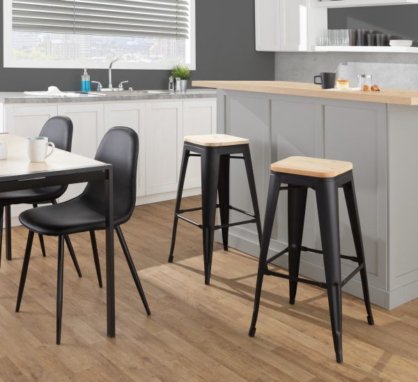 Oregon Black Steel Natural Wood Contemporary Bar Stools Set of 2