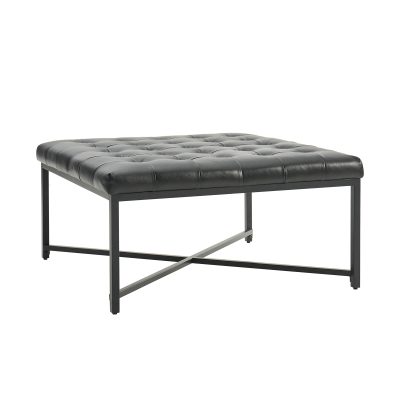 Oswald Black Leather Button-Tufted Industrial Coffee Table X-Base