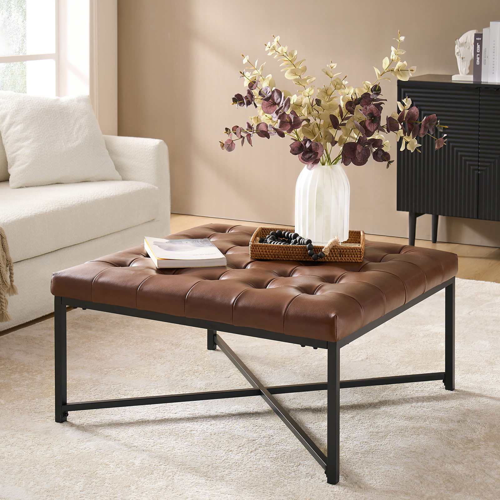Oswald Brown Leather Button-Tufted Industrial Modern Coffee Table 2 Oswald Brown Leather Button-Tufted Industrial Modern Coffee Table - Image 2