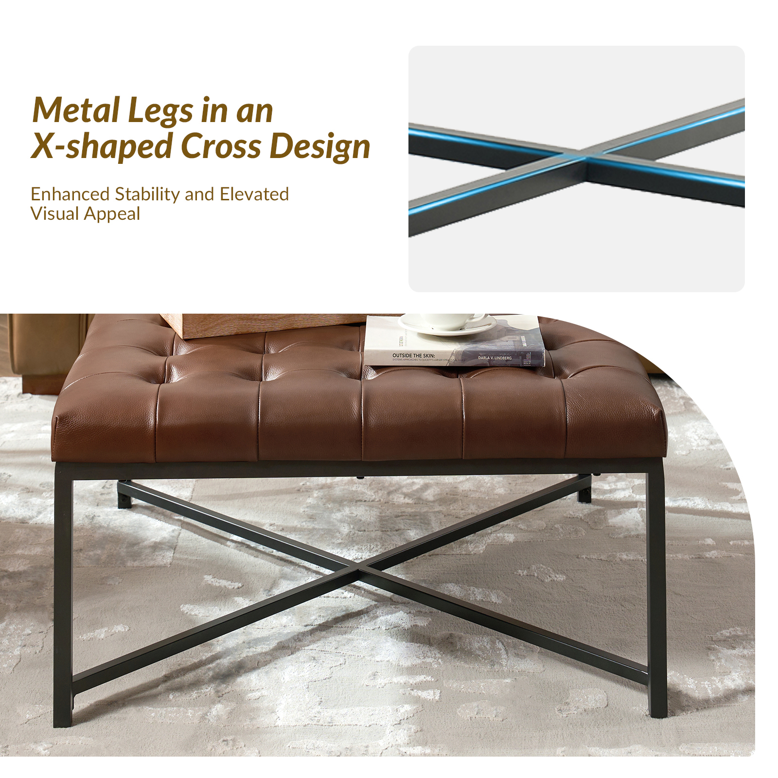 Oswald Brown Leather Button-Tufted Industrial Modern Coffee Table 4 Oswald Brown Leather Button-Tufted Industrial Modern Coffee Table - Image 4