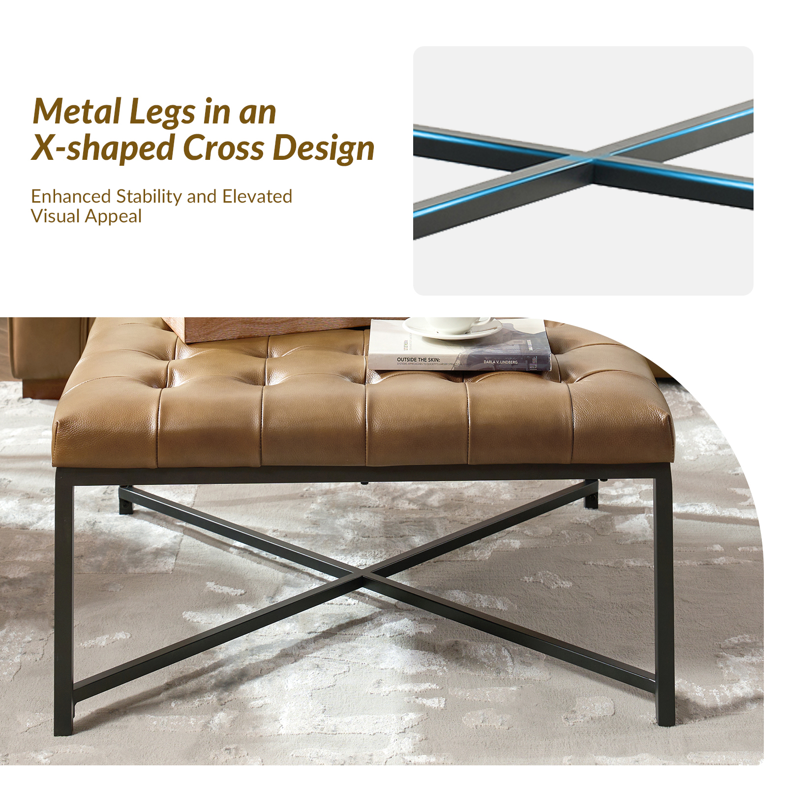 Oswald Camel Leather Button-Tufted Industrial Modern Coffee Table 4 Oswald Camel Leather Button-Tufted Industrial Modern Coffee Table - Image 4