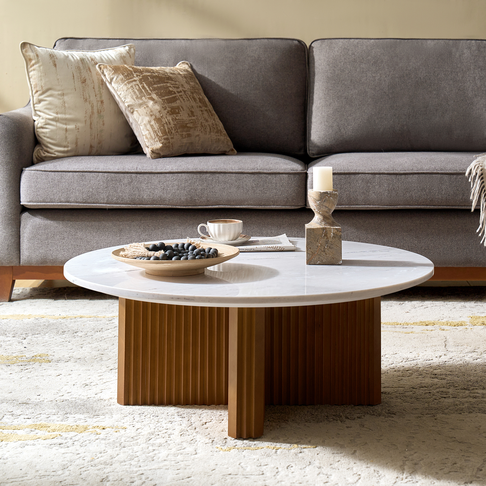 Oswald Marble Walnut Round Modern Coffee Table Pine Wood Base 2 Oswald Marble Walnut Round Modern Coffee Table Pine Wood Base - Image 2