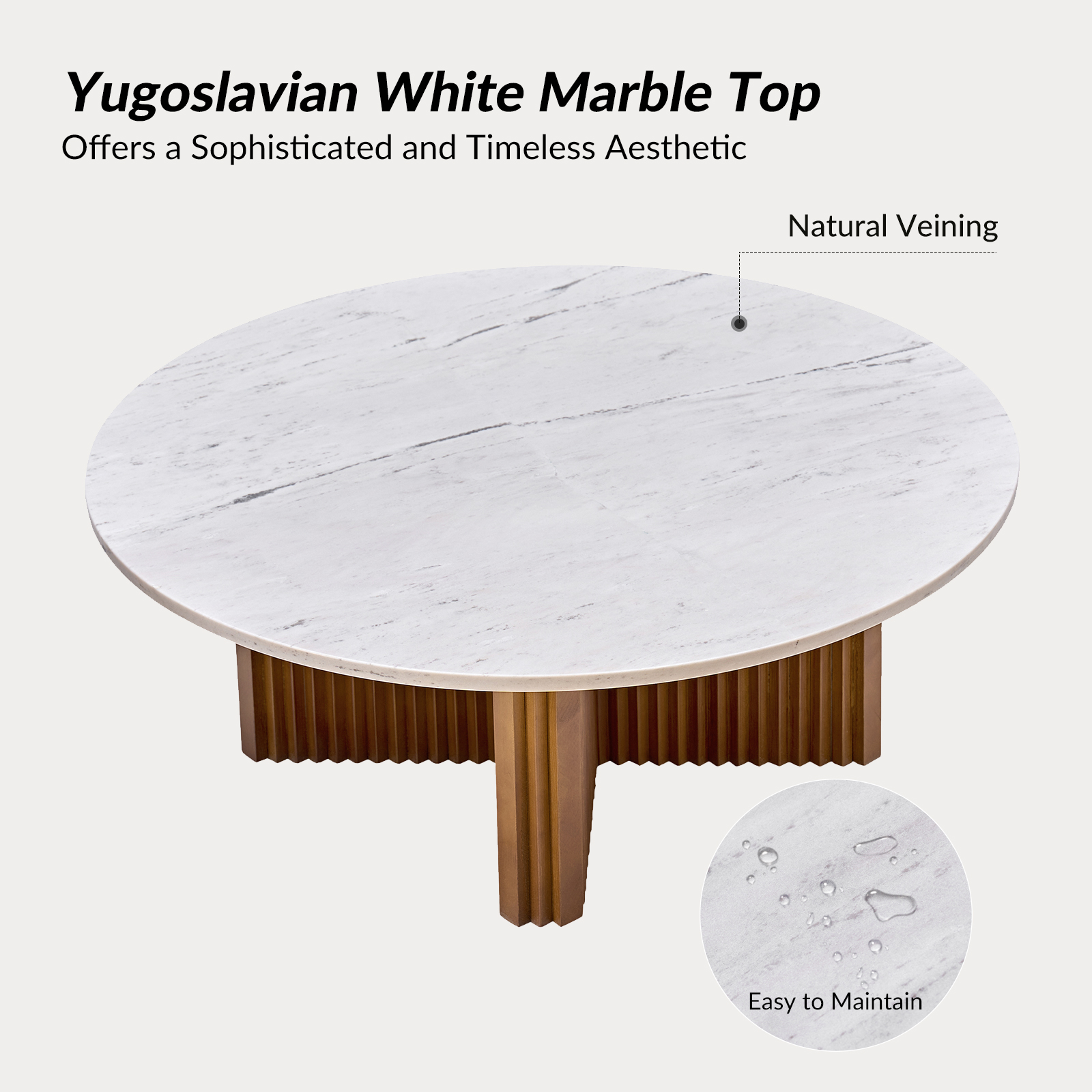 Oswald Marble Walnut Round Modern Coffee Table Pine Wood Base 3 Oswald Marble Walnut Round Modern Coffee Table Pine Wood Base - Image 3