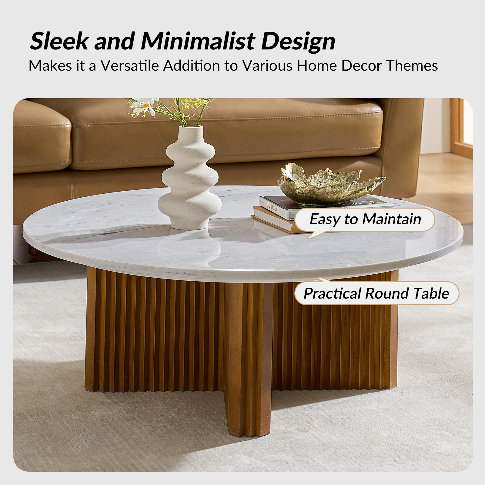 Oswald Marble Walnut Round Modern Coffee Table Pine Wood Base 4 Oswald Marble Walnut Round Modern Coffee Table Pine Wood Base - Image 4