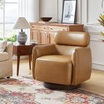 Othon Camel Genuine Leather Swivel Rocking Barrel Chair Adjustable Headrest