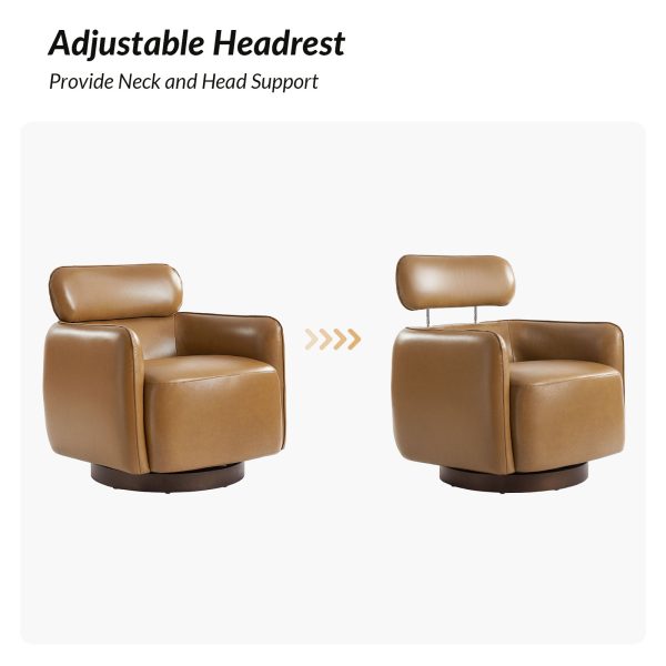Othon Camel Genuine Leather Swivel Rocking Barrel Chair Adjustable Headrest 3
