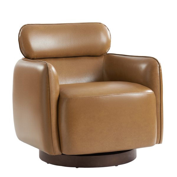 Othon Camel Genuine Leather Swivel Rocking Barrel Chair Adjustable Headrest