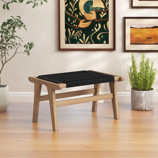 Teak Wooden Ottoman Footstool with Handwoven Cordage Surface