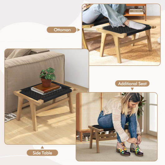 Teak Wooden Ottoman Footstool with Handwoven Cordage Surface 7 Teak Wooden Ottoman Footstool with Handwoven Cordage Surface - Image 7