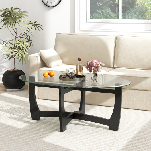 Modern Oval Coffee Table with Glass Top and Wooden Base 2 Modern Oval Coffee Table with Glass Top and Wooden Base - Image 2