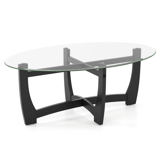 Modern Oval Coffee Table with Glass Top and Wooden Base 3 Modern Oval Coffee Table with Glass Top and Wooden Base - Image 3
