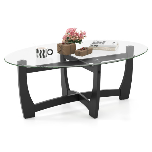 Modern Oval Coffee Table with Glass Top and Wooden Base 4 Modern Oval Coffee Table with Glass Top and Wooden Base - Image 4
