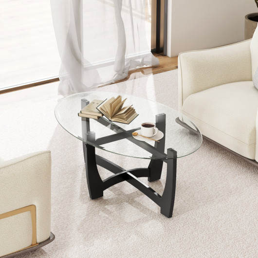 Modern Oval Coffee Table with Glass Top and Wooden Base 6 Modern Oval Coffee Table with Glass Top and Wooden Base - Image 6