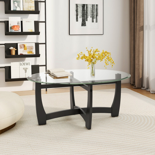 Modern Oval Coffee Table with Glass Top and Wooden Base 7 Modern Oval Coffee Table with Glass Top and Wooden Base - Image 7