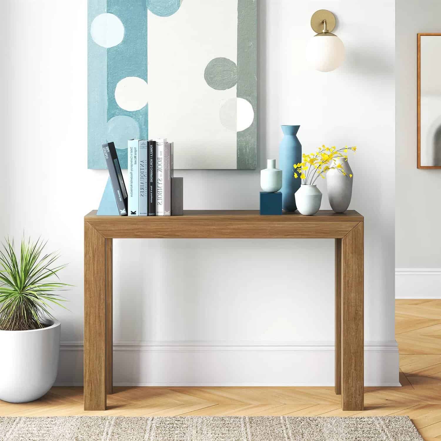 Solid Wood Modern Console Table in Medium Brown Pecan Finish 1 Solid Wood Modern Console Table in Medium Brown Pecan Finish