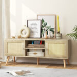 Rattan Media Console Table with Cabinets and Open Shelves 9 Rattan Media Console Table with Cabinets and Open Shelves