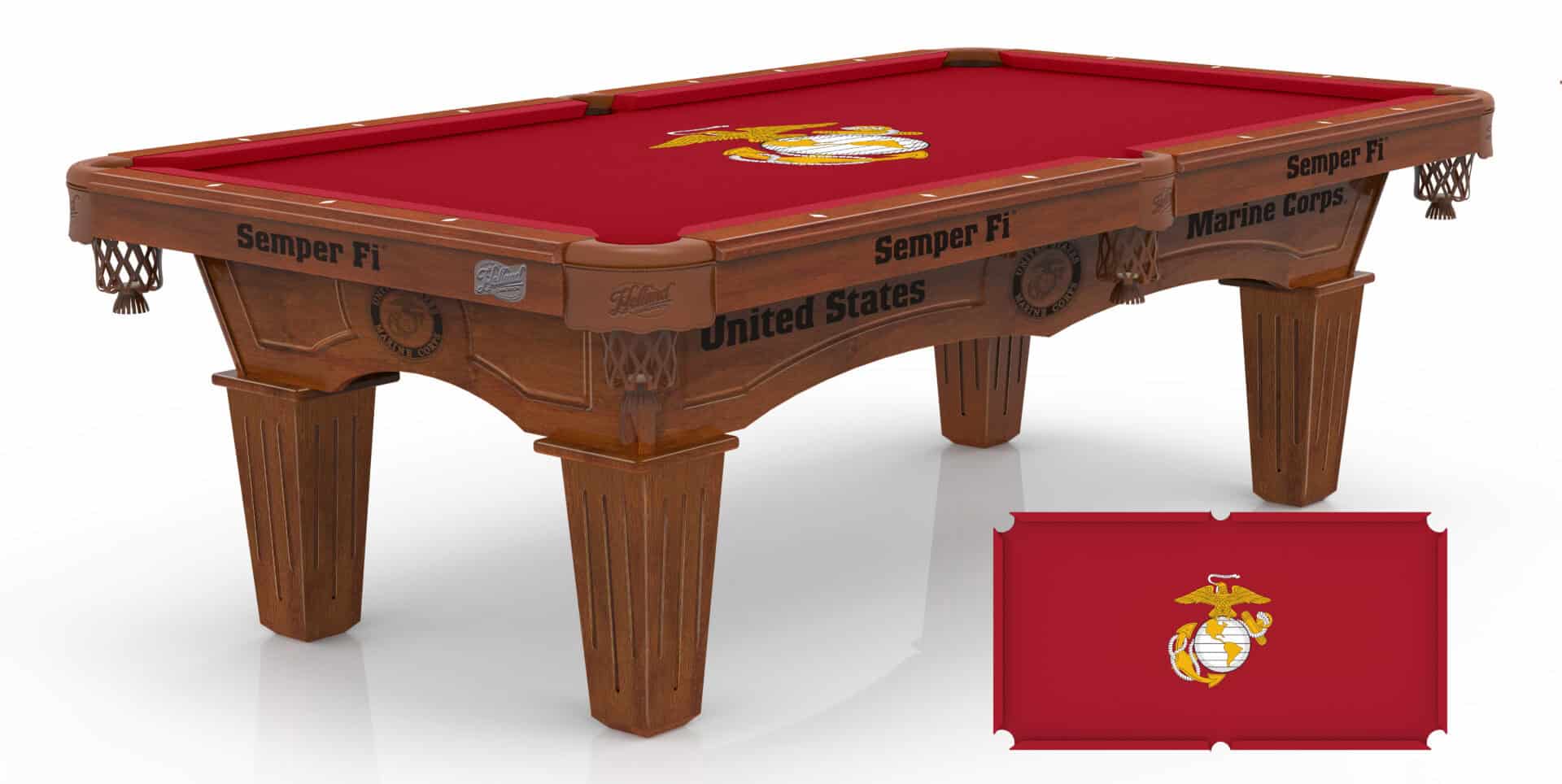 Marine Corps (Red/Yellow) Pool Table with Chardonnay Finish and Tapered Leg 1 Marine Corps (Red/Yellow) Pool Table with Chardonnay Finish and Tapered Leg