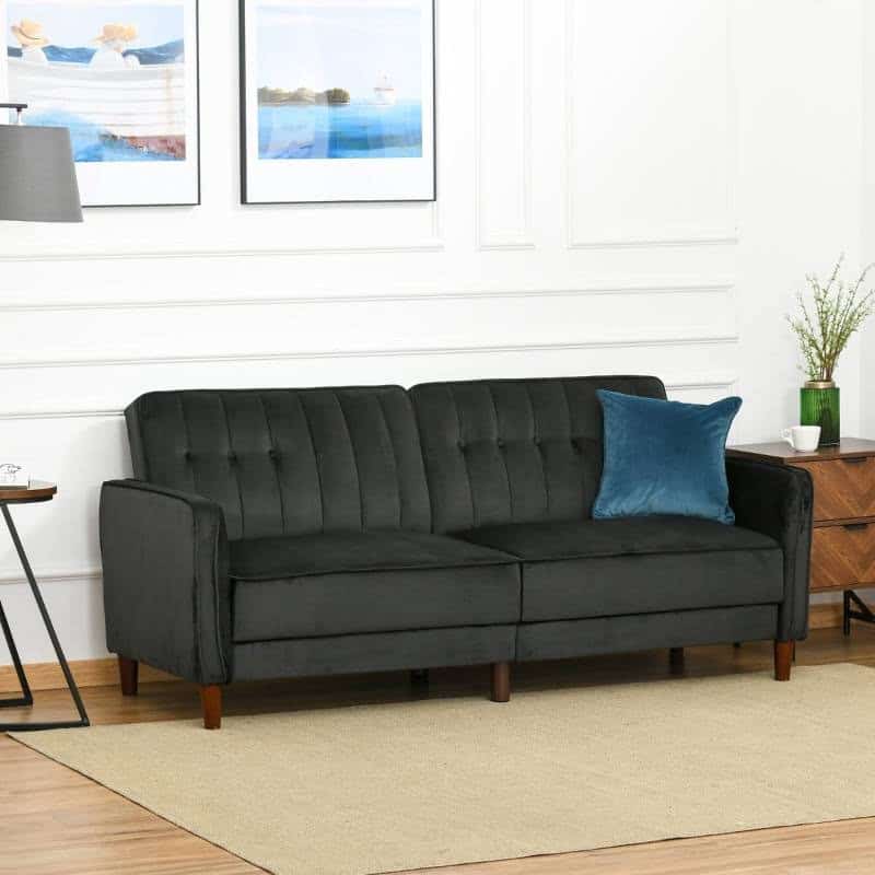 Mid-Century Modern Black Velvet Futon Sleeper Sofa Bed 2 Mid-Century Modern Black Velvet Futon Sleeper Sofa Bed - Image 2