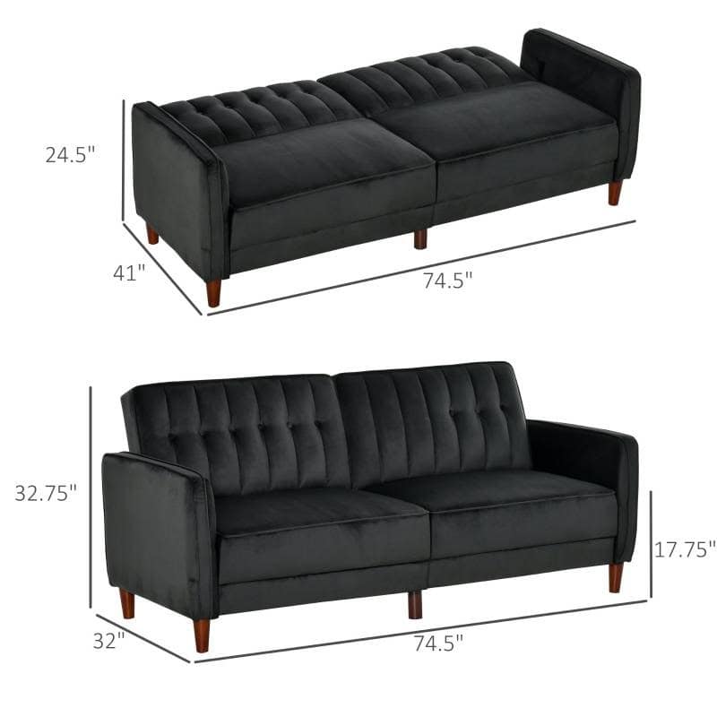 Mid-Century Modern Black Velvet Futon Sleeper Sofa Bed 5 Mid-Century Modern Black Velvet Futon Sleeper Sofa Bed - Image 5