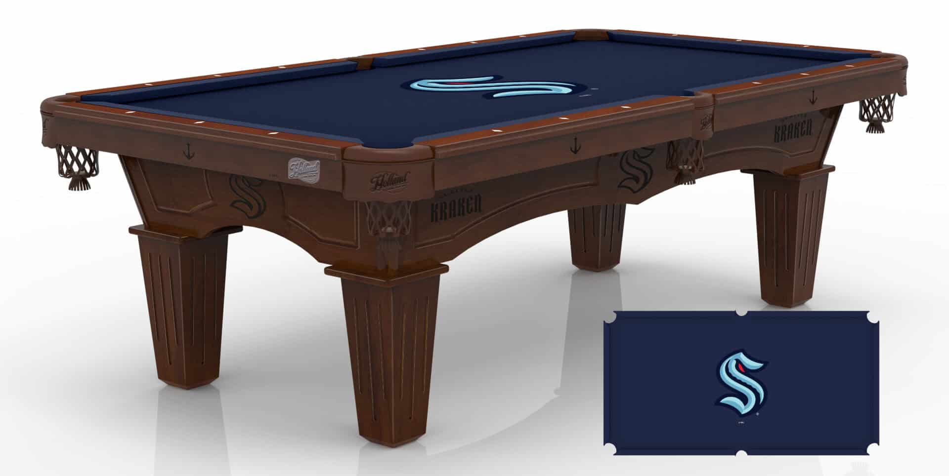 Seattle Kraken Pool Table with Navajo Finish and Tapered Leg 1 Seattle Kraken Pool Table with Navajo Finish and Tapered Leg