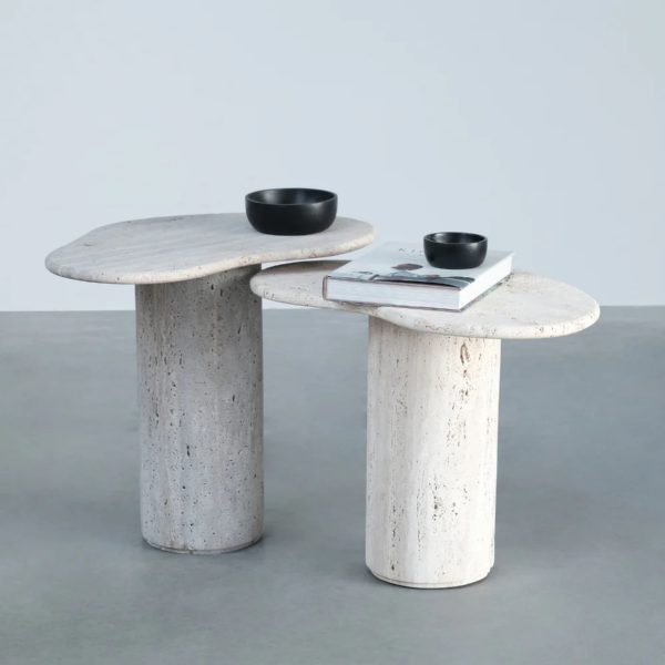 PUDDLE Tall Grey Travertine Marble End Table 1