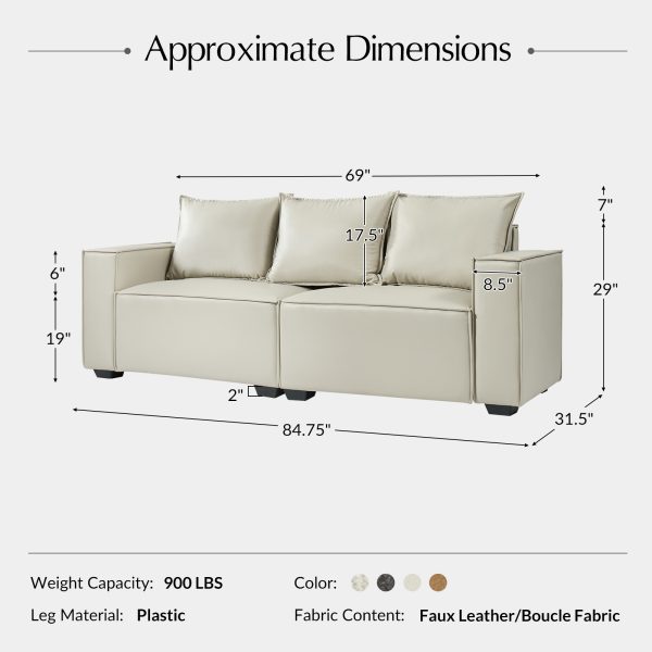 Paavo Ivory Modern Boucle or Faux Leather Sofa with Cushions 4