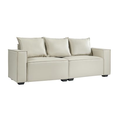 Paavo Ivory Modern Boucle or Faux Leather Sofa with Cushions