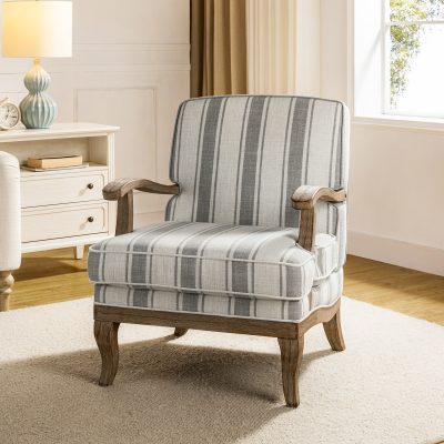 Peppone Grey Striped Farmhouse Armchair