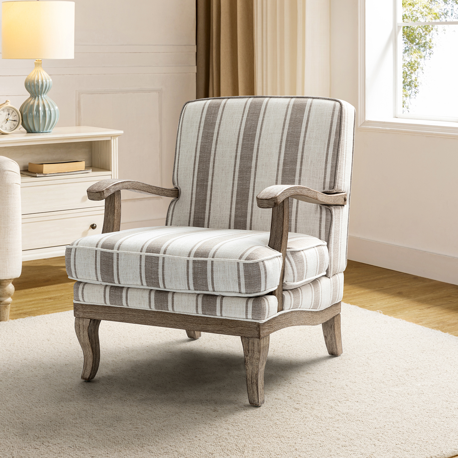 Peppone Tan Striped Farmhouse Armchair 1 Peppone Tan Striped Farmhouse Armchair