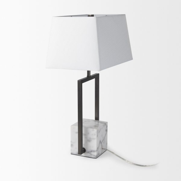 Peyton 14.0L x 9.0W x 26.2H Black Metal WMarble Cube and White Shade Table Lamp 3