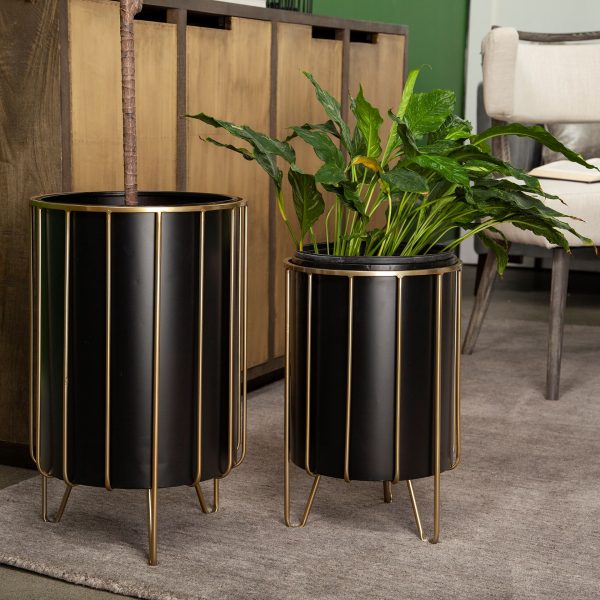 Pianta 13 x 21 Set of Two Black Metal Insert Brass Frame Plant Stands 1
