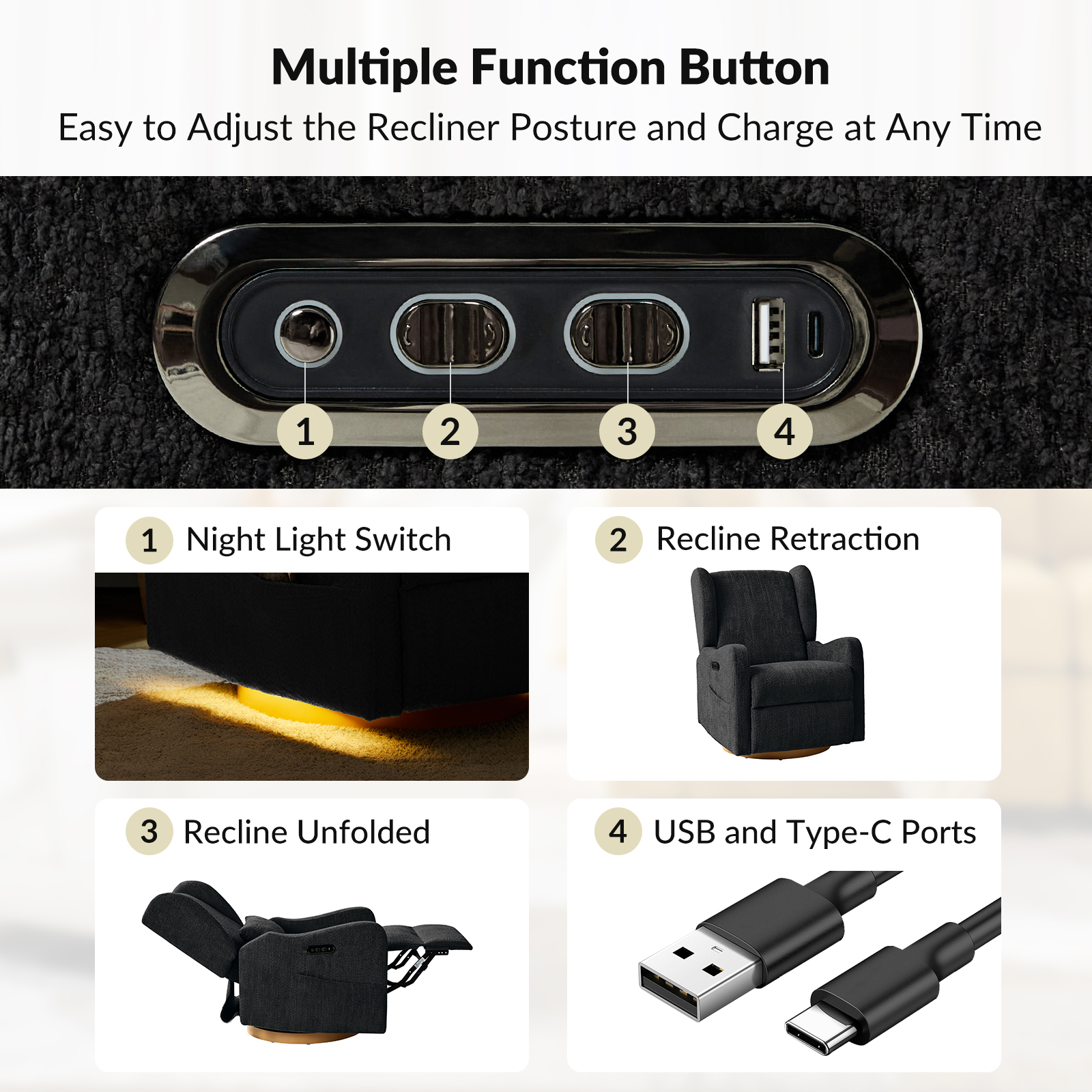 Pietro Black Electric Nursery Swivel Glider Recliner with USB 4 Pietro Black Electric Nursery Swivel Glider Recliner with USB - Image 4