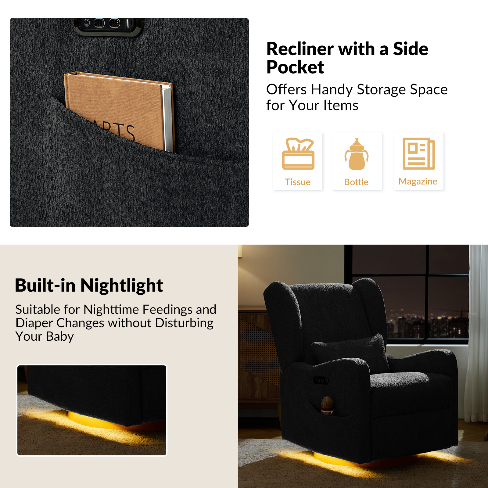 Pietro Black Electric Nursery Swivel Glider Recliner with USB 5 Pietro Black Electric Nursery Swivel Glider Recliner with USB - Image 5