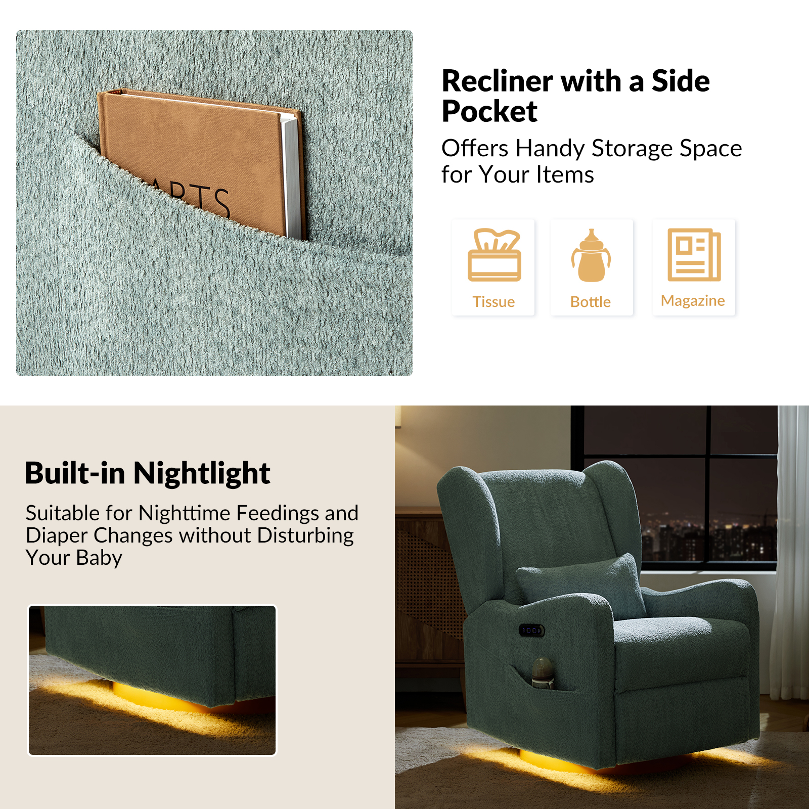 Pietro Sage Electric Nursery Swivel Glider Recliner Nightlight USB 5 Pietro Sage Electric Nursery Swivel Glider Recliner Nightlight USB - Image 5