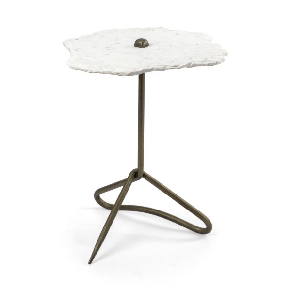 Pinera II 19L x 19W White Marble W Triangluar Gold Iron Base Accent Table