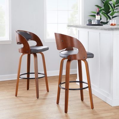 Pino 30 Mid-Century Modern Walnut and Grey Barstool (Set of 2)