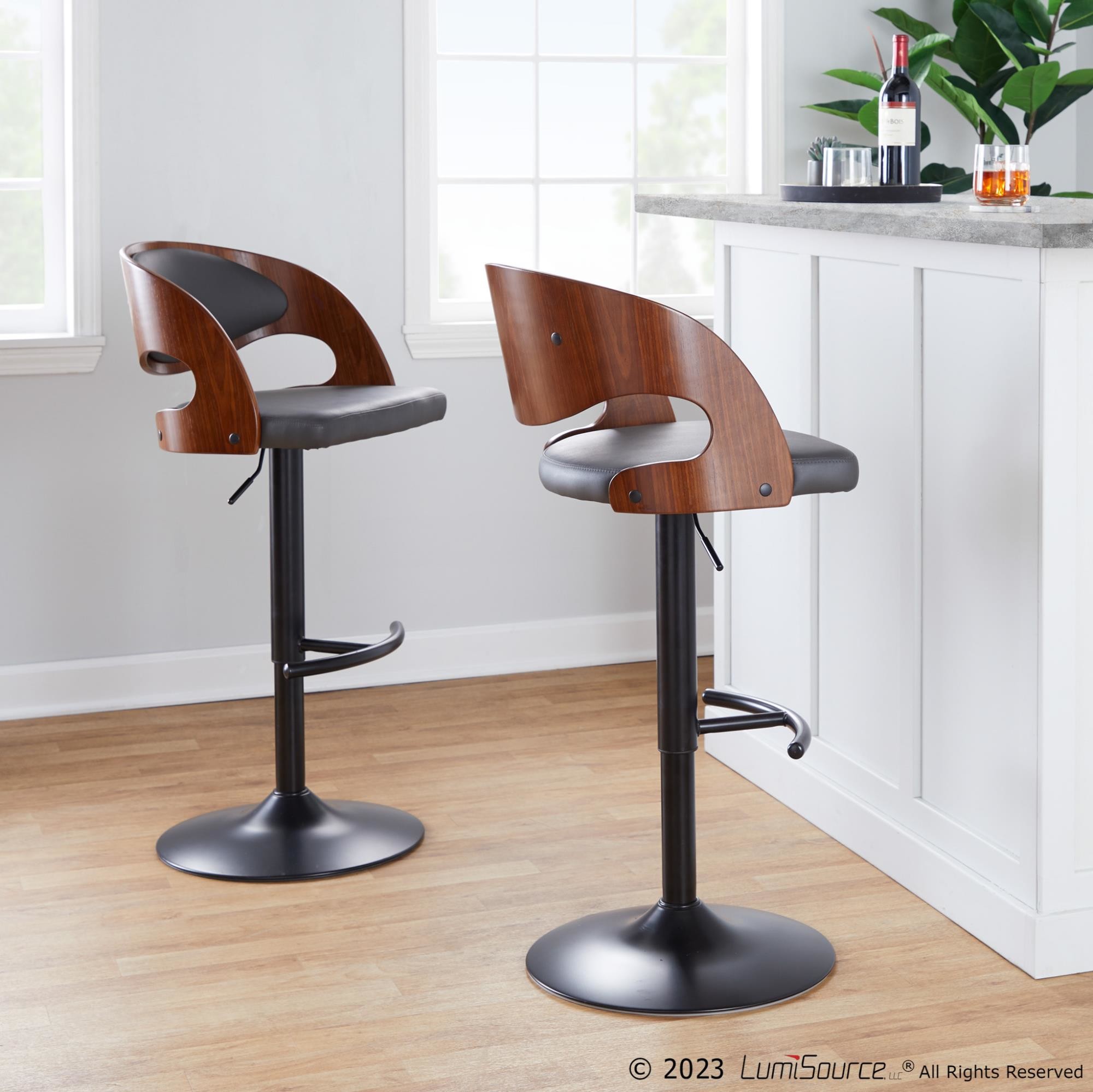 Pino Black Walnut Grey Mid-Century Modern Adjustable Barstool (Set of 2) 2 Pino Black Walnut Grey Mid-Century Modern Adjustable Barstool (Set of 2) - Image 2