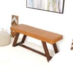Tan Leather Bench With Solid Wood Legs