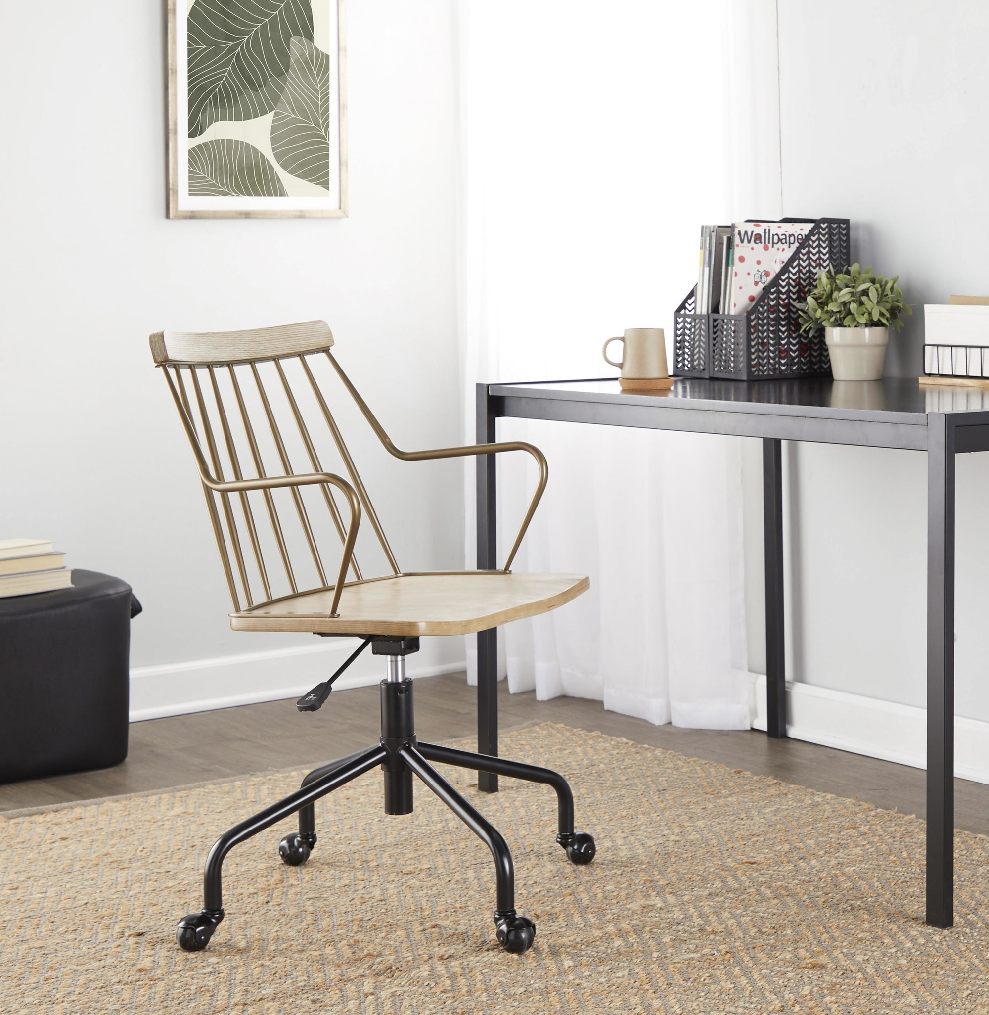 Preston Farmhouse Adjustable Swivel Office Chair Black Metal Wood 2 Preston Farmhouse Adjustable Swivel Office Chair Black Metal Wood - Image 2