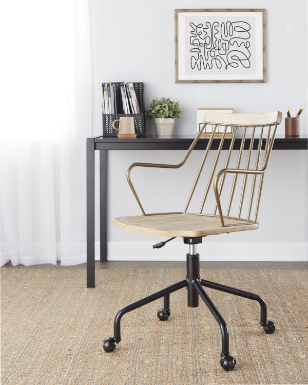 Preston Farmhouse Adjustable Swivel Office Chair Black Metal Wood