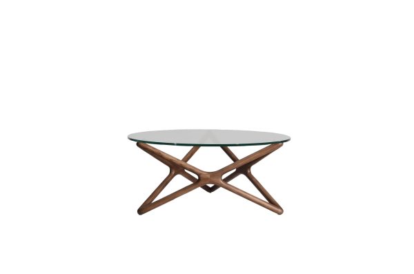 QUASAR Round Clear Glass Coffee Table Walnut Ash Base 1