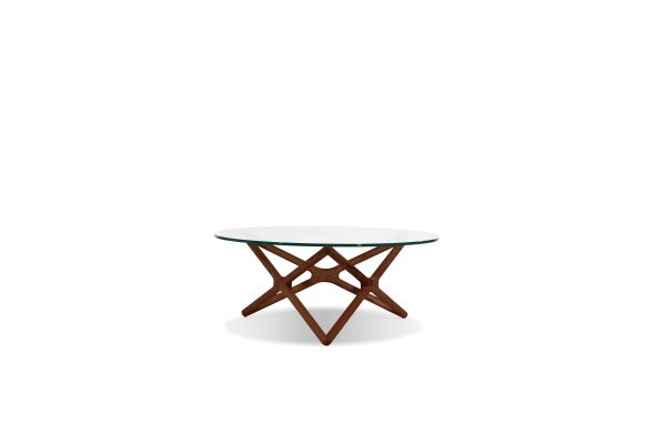 QUASAR Round Clear Glass Coffee Table Walnut Ash Base