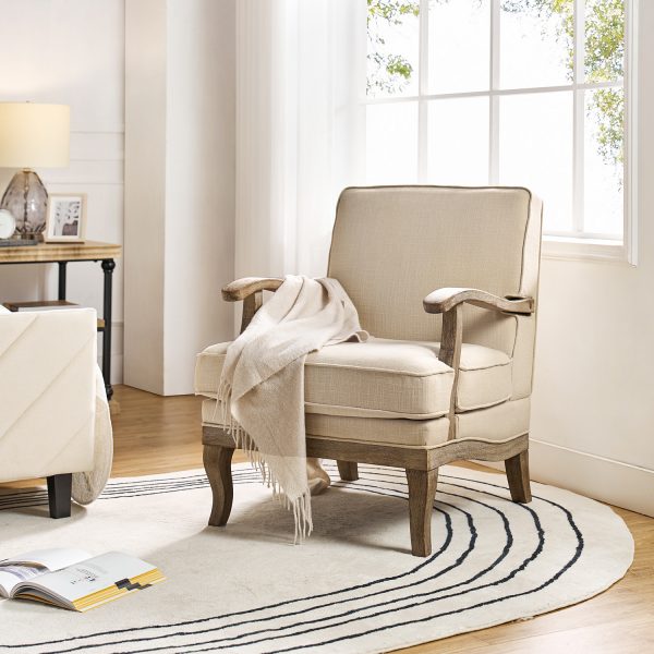 Quentin Farmhouse Linen Armchair with Wood Accents