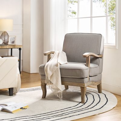 Quentin Grey Farmhouse Linen Armchair with Wood Armrests