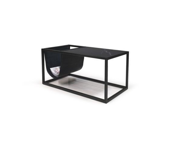 RECEPTION Black Marble Leather Sling Coffee Table Magazine Holder
