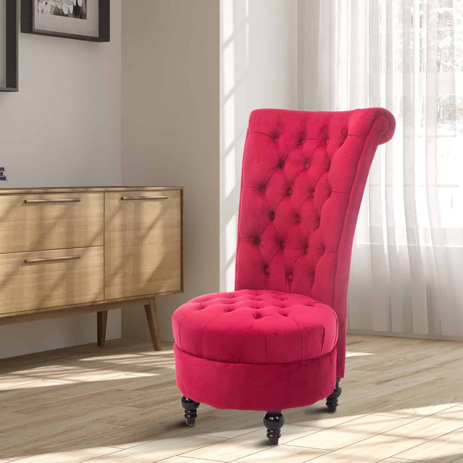 Red Velvet Tufted High Back Accent Chair With Wooden Legs 2 Red Velvet Tufted High Back Accent Chair With Wooden Legs - Image 2