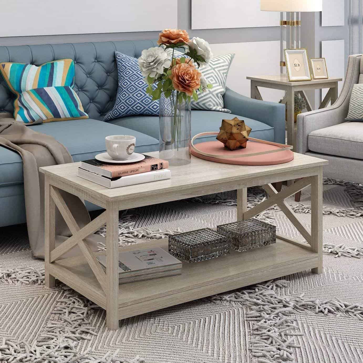 Rustic White Oak Farmhouse Coffee Table with Open X-Frame Design 1 Rustic White Oak Farmhouse Coffee Table with Open X-Frame Design